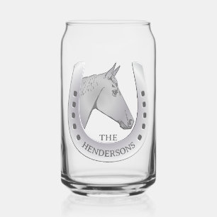 Silvery Horse and Horseshoe Emblem Personalized Can Glass