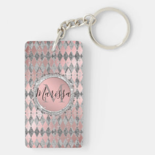 Silvery Pink Glittery Harlequin Monogram   Key Ring