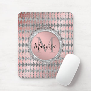 Silvery Pink Glittery Harlequin Monogram Mouse Pad