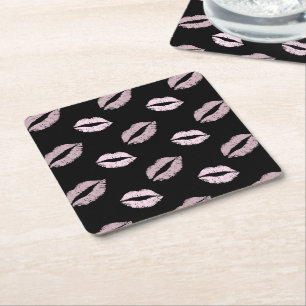 Silvery Pink Kisses Square Paper Coaster