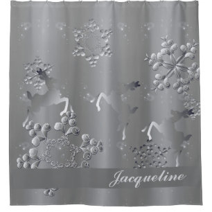 Silvery Reindeer & Snowflakes Shower Curtain