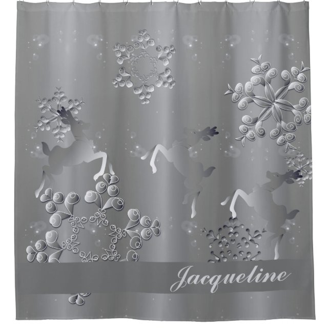Silvery Reindeer & Snowflakes Shower Curtain (Front)