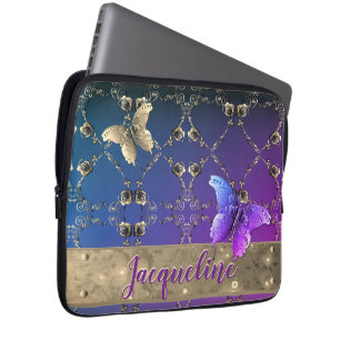 Silvery Roses Purple Gradient w/Name Laptop Sleeve
