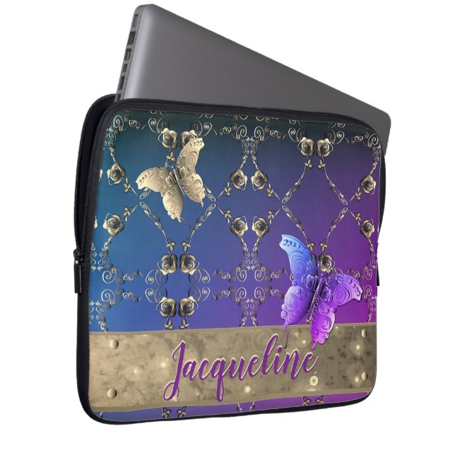 Silvery Roses Purple Gradient w/Name   Laptop Sleeve (Front Right)