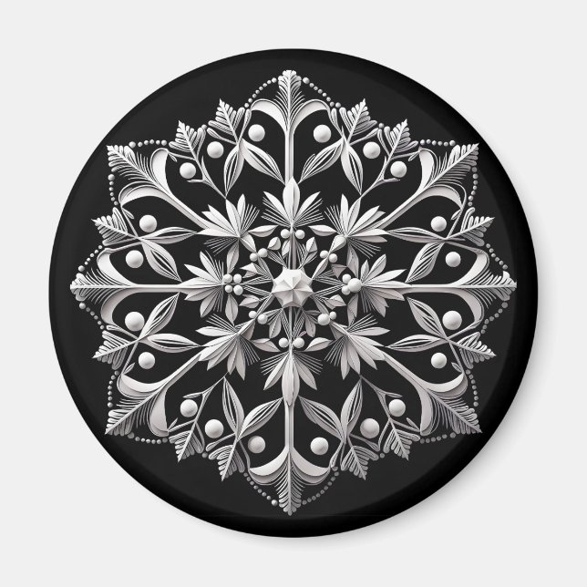 Silvery Snowflake on Black Magnet (Front)
