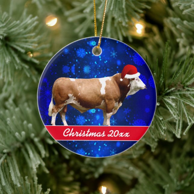 Simmental Bull and Santa Hat   Ceramic Ornament (Tree)
