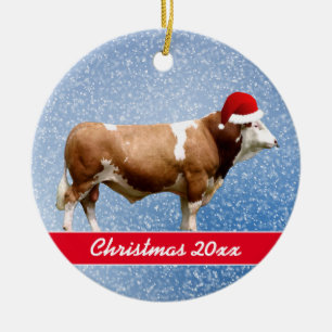 Simmental Bull and Santa Hat   Ceramic Ornament