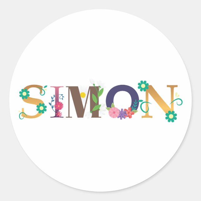 SIMON First Name Elegant Embroidered Classic Round Sticker (Front)