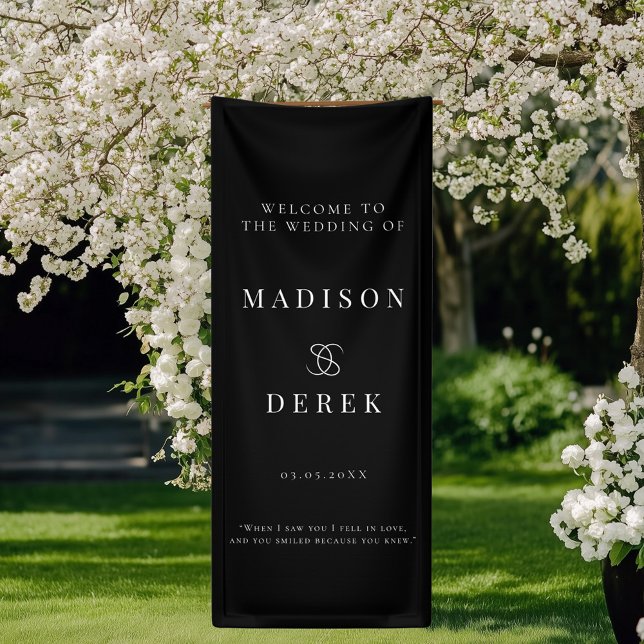 Simpel Elegant Wedding WELCOME Banner (Simpel, Elegant, Wedding "WELCOME" Black Banner with your name and date.)