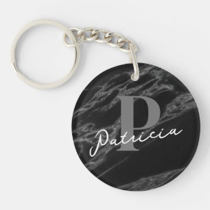 Simpel Modern Script Name Initial Marble Black Key Ring