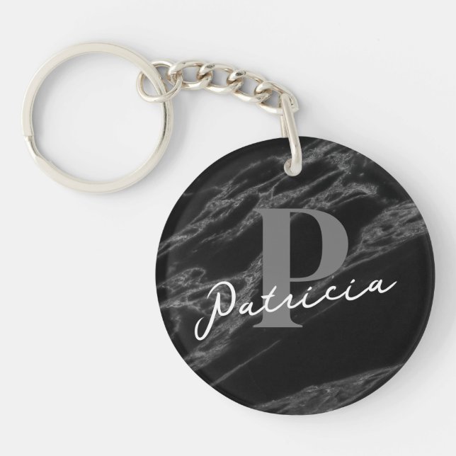 Simpel Modern Script Name | Initial Marble Black  Key Ring (Front)