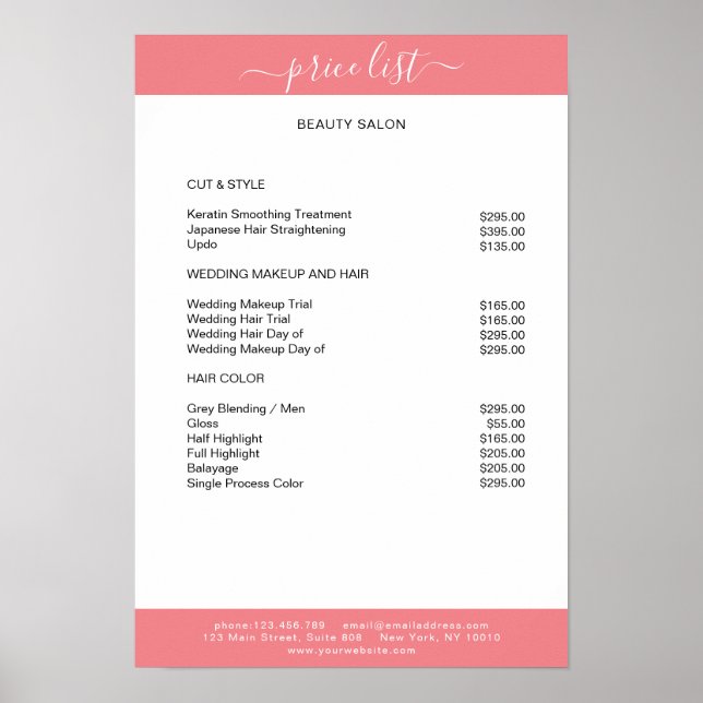 Simpel White Pink Price List Poster (Front)