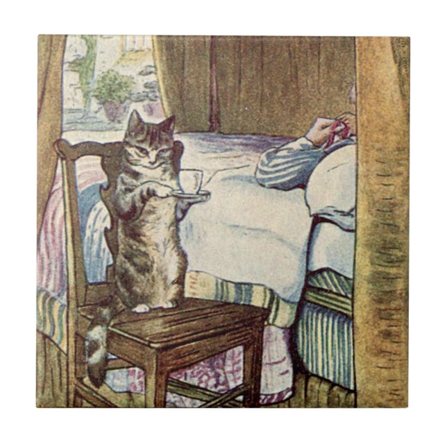 Simpkin the Cat Serves Tea - Beatrix Potter Tile (Front)
