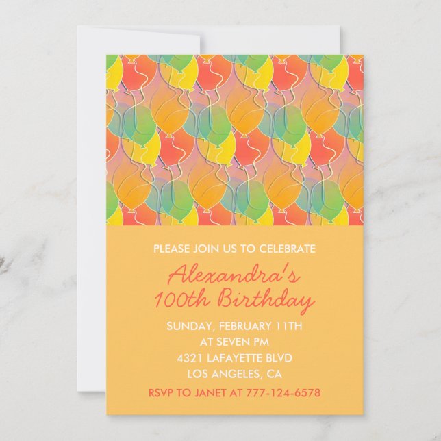 Simple 100th birthday invitations Balloons Modern (Front)