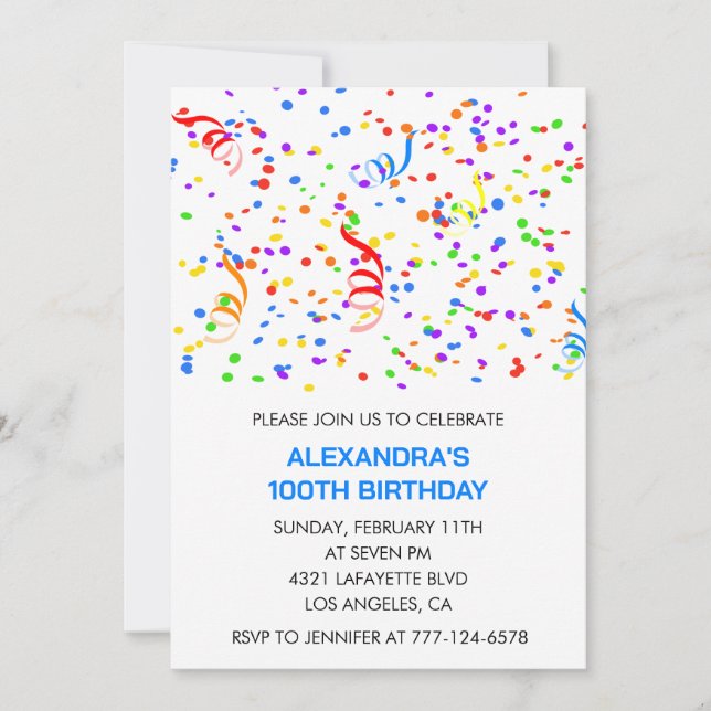 Simple 100th birthday invitations Confetti Rainbow (Front)