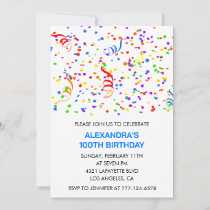 Simple 100th birthday invitations Confetti Rainbow