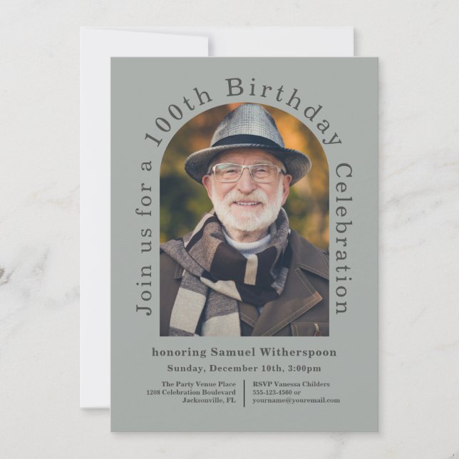 Simple 100th Birthday Party with 1 Photo Invitation (Front)