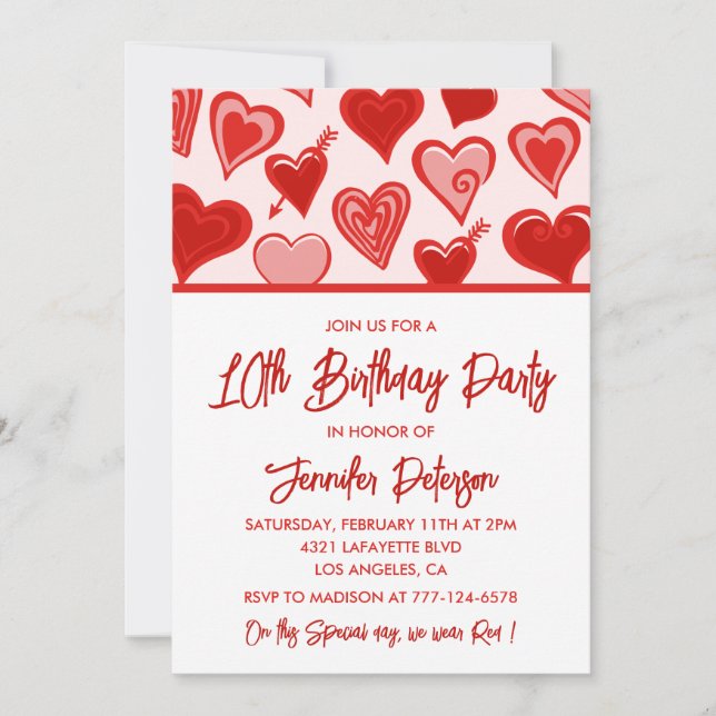 Simple 10th birthday invitations for her Hearts (Front)