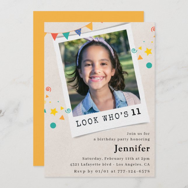 Simple 11th birthday invitations Girl Orange Photo (Front/Back)