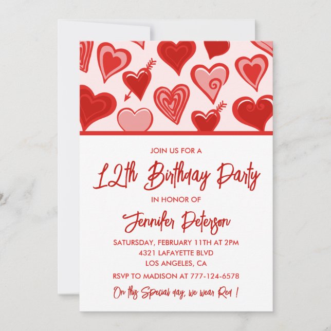 Simple 12th birthday invitations for her Hearts (Front)