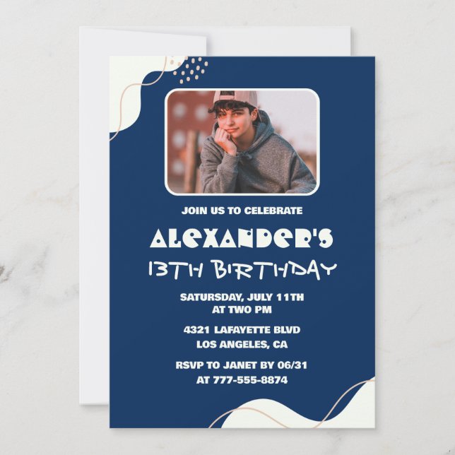 Simple 13th birthday invitations Boy Photo Navy (Front)