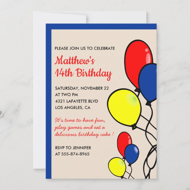 Simple 14th birthday invitations Balloons Boy (Front)