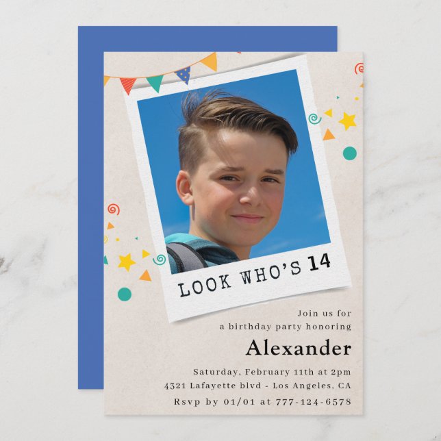 Simple 14th birthday invitations Blue Photo (Front/Back)