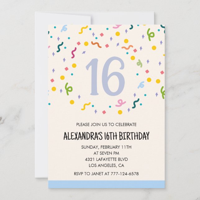 Simple 16th birthday invitations Confetti Modern (Front)