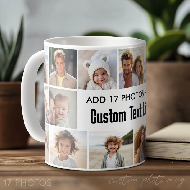 Simple 17 Photo Collage with Text Area Coffee Mug (Custom Photo Mug with Lots of Photos)