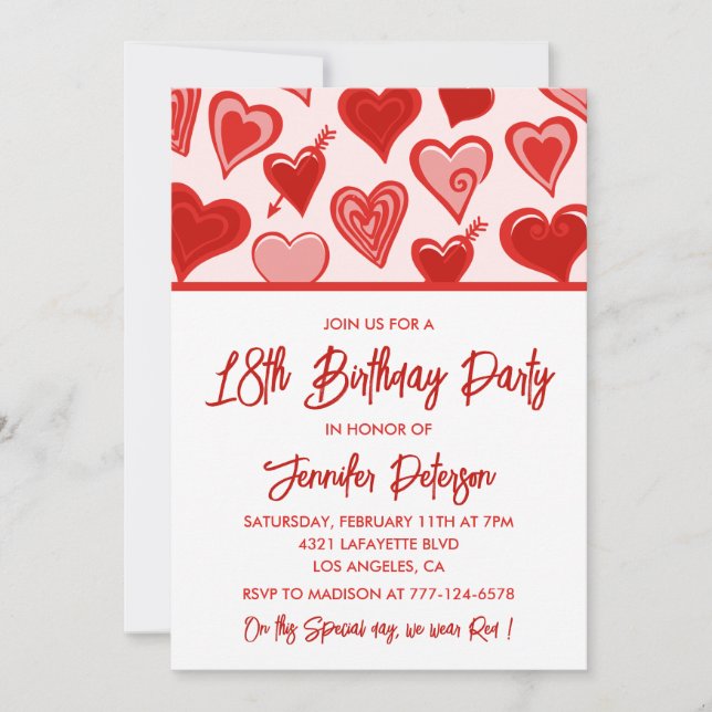Simple 18th birthday invitations for her Hearts (Front)