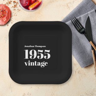 Simple 1955 Vintage Name Black 70th Birthday Party Paper Plate