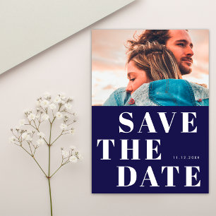 Simple 1 Photo Bold Navy Blue and White Wedding Save The Date