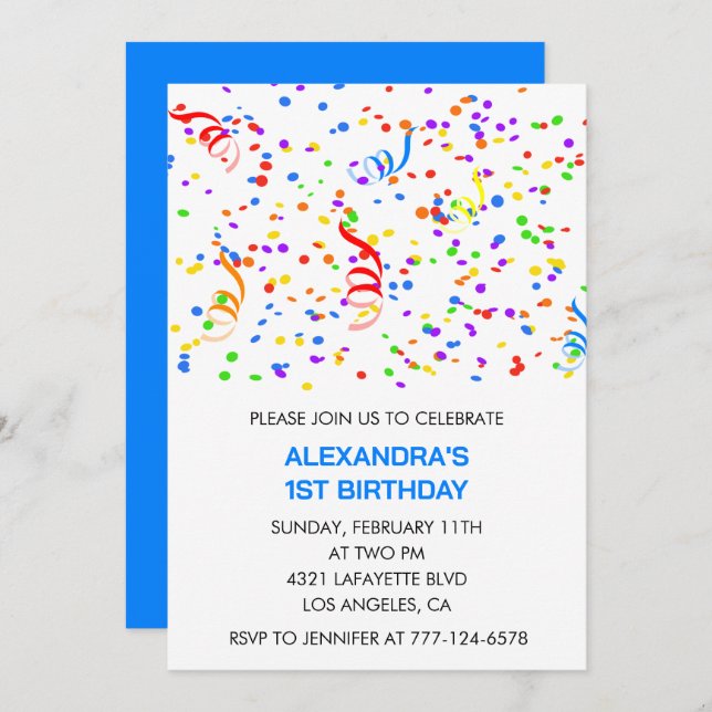Simple 1st birthday invitations Confetti Rainbow (Front/Back)