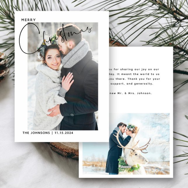 Simple 1st Christmas Wedding Photo Thank You Holiday Card (Easily personalize this holiday wedding thank you card with 2 wedding photos and your deets!)