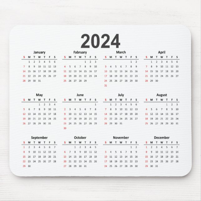 Simple 2024 White Background Calendar Mouse Pad (Front)