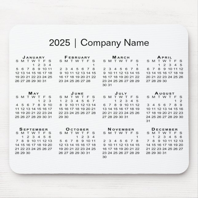 Simple 2025 Calendar with Company Name on White Mouse Pad (Front)