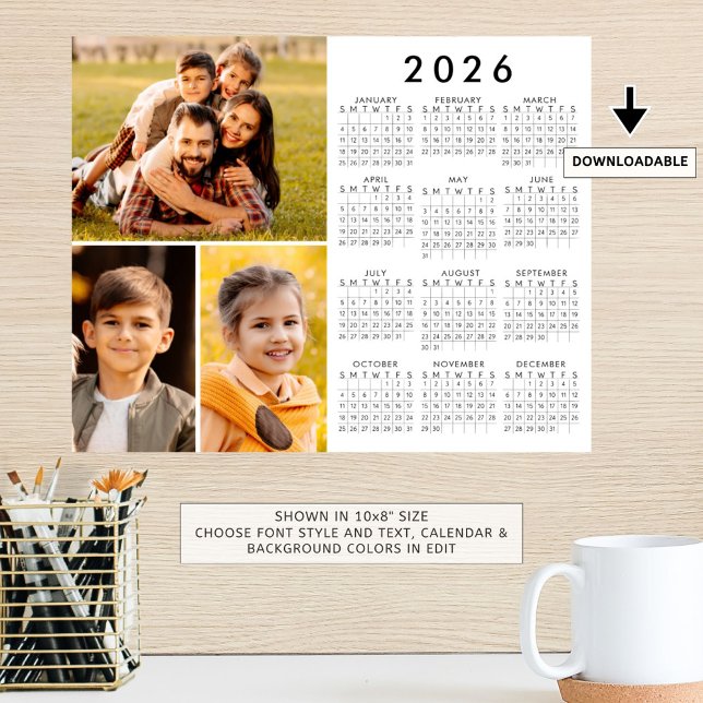 Simple 2026 Calendar 3 Photo Collage Poster (Creator Uploaded)