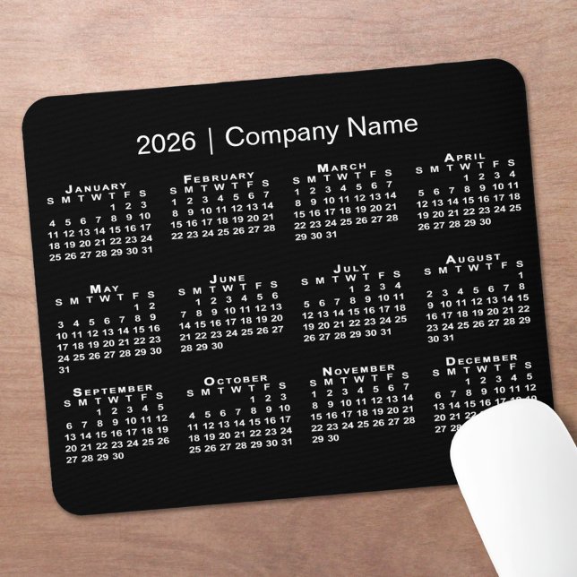 Simple 2026 Calendar Company Name on Black Mouse Pad (Simple 2026 Calendar Company Name on Black Mouse Pad, in situ)