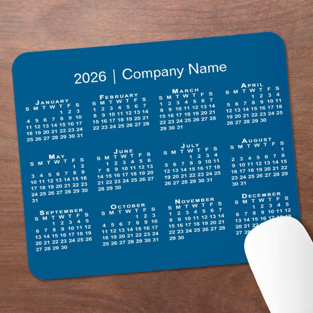 Simple 2026 Calendar Company Name on Blue Mouse Pad (Simple 2026 Calendar Company Name on Blue Mouse Pad, in situ)