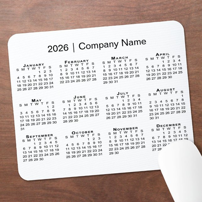 Simple 2026 Calendar with Company Name on White Mouse Pad (Simple 2026 Calendar with Company Name on White Mouse Pad, in situ)