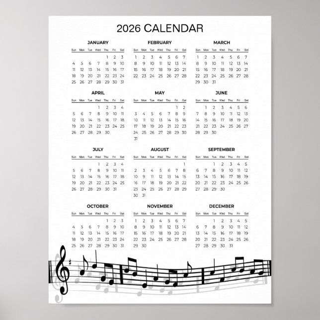 Simple 2026 Calendar with Musical Notes |  Poster (Front)