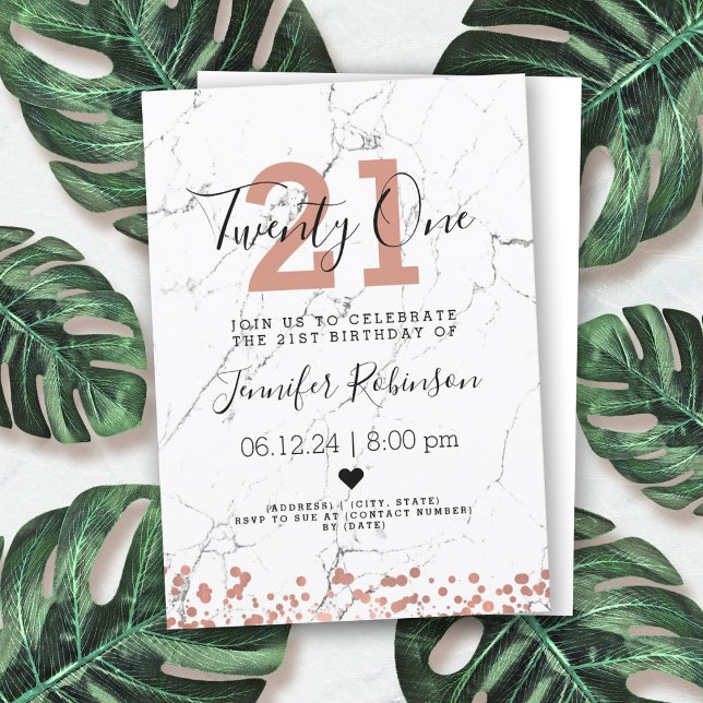 Simple 21st Birthday Party Rose Gold Marble Invitation (Creator Uploaded)