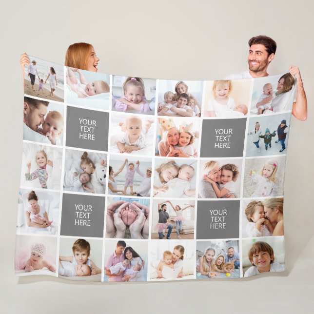 Simple 26 Photo Collage Custom Text and Colour Fleece Blanket (In Situ)