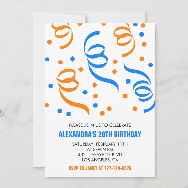 Simple 28th birthday invitations Confetti Blue (Front)