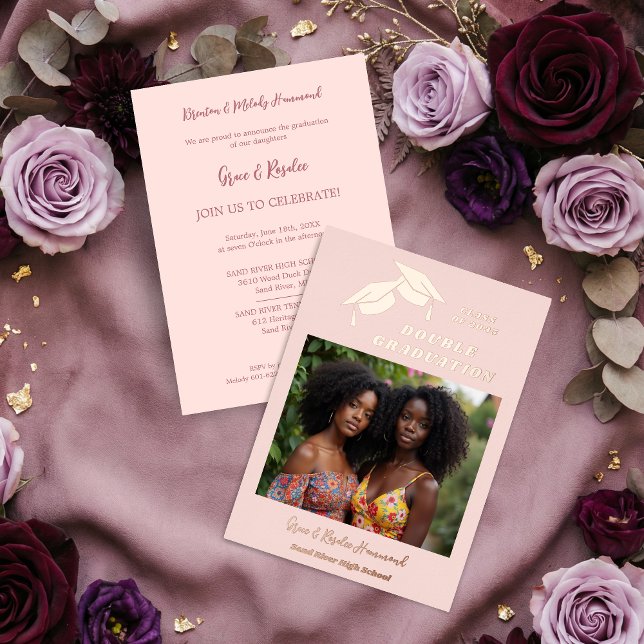 Simple 2 Grads Double Graduation Photo Rose Gold (Simple Two Brothers Graduates Double Graduation Pink Real Rose Gold Metallic Foil Invitation Card.)