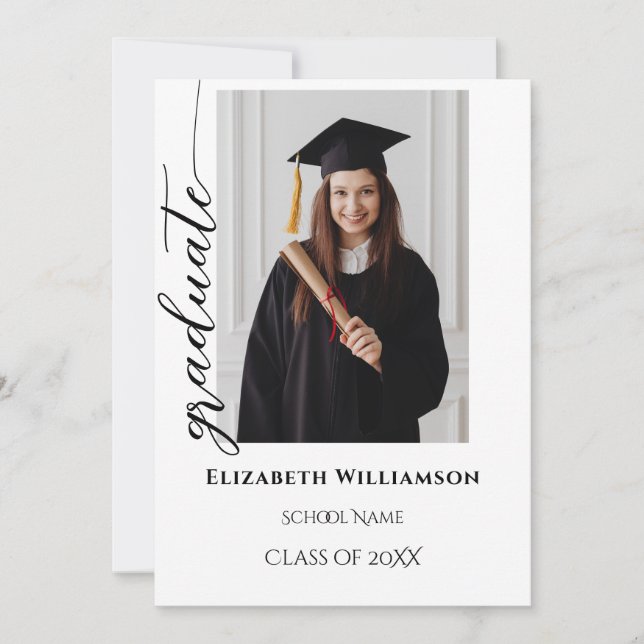 Simple 2 Photo Black Calligraphy Script Graduation Announcement (Front)