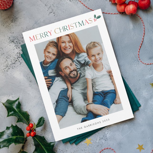 Simple 2 Photo Colourful Merry Christmas Holiday Card (Modern elegant colorful typography Merry Christmas Photo Holiday Card.)