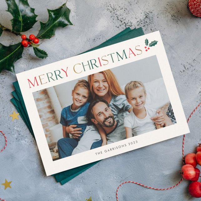Simple 2 Photo Colourful Merry Christmas Holiday Card (Colorful Merry Christmas Holiday Card with Horizontal Photo and Holly Branch Accent.)