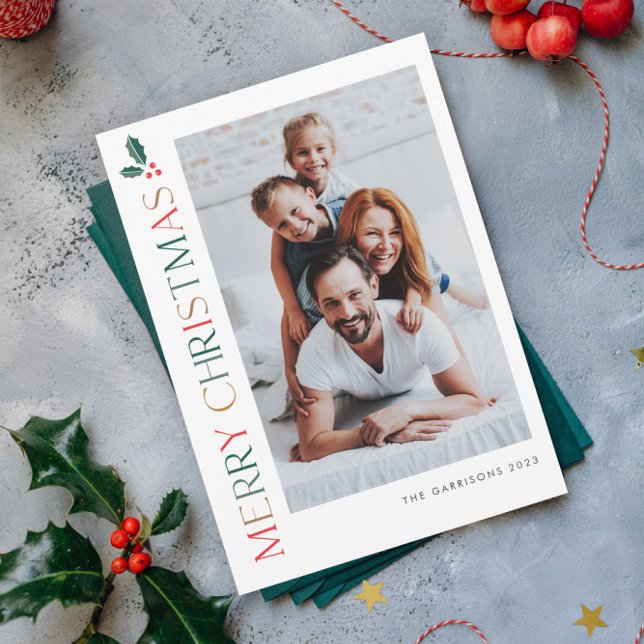 Simple 2 Photo Colourful Merry Christmas Holiday Card (Modern elegant colorful typography Merry Christmas Photo Christmas Holiday Card.)