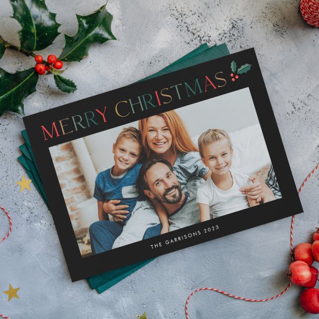Simple 2 Photo Colourful Merry Christmas Holiday Card (Colorful Merry Christmas Holiday Card with Horizontal Photo and Holly Branch Accent.)